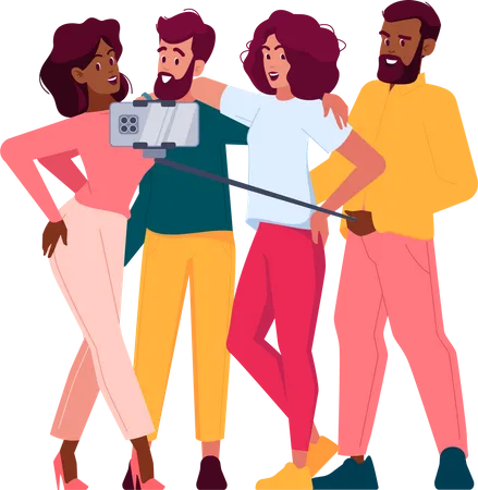 Group Of Friends Taking Selfie Smiling Holding Camera Men And Women Of Diverse Ages And Races Stand Together Youth Diversity Social Media Photography Concept Cartoon People Vector Illustration Illustration