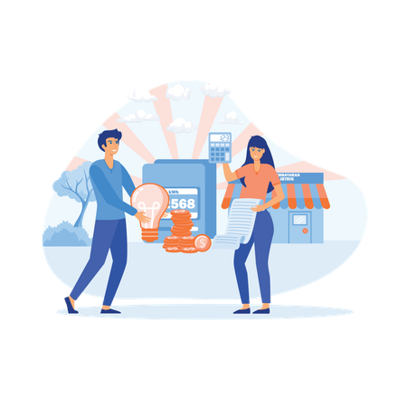 Men and women pay utilities together  Illustration