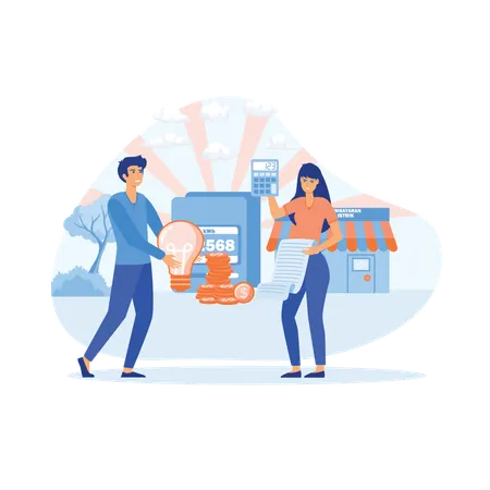 Men and women pay utilities together  Illustration