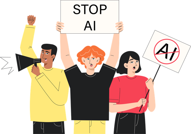 Men and Women Protesting Against Artificial Intelligence with Signs and Megaphone  Illustration