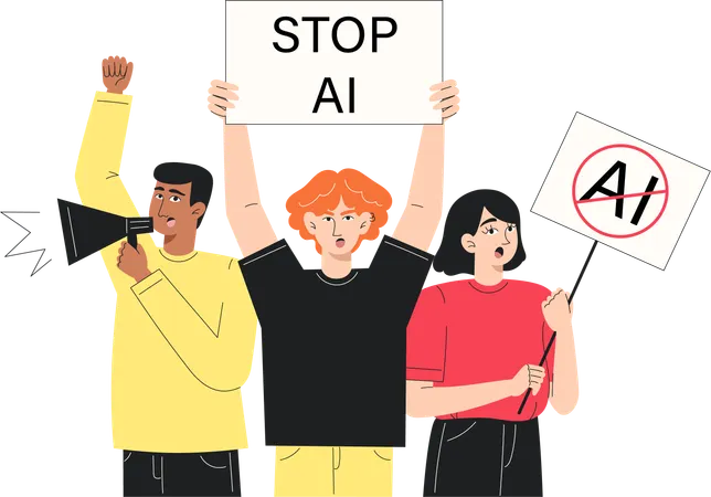 Men and Women Protesting Against Artificial Intelligence with Signs and Megaphone  Illustration