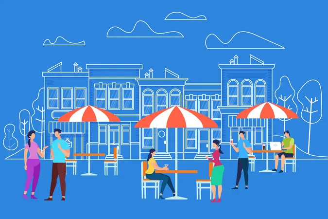 Men and Women Relaxing at Outdoor Cafe  Illustration