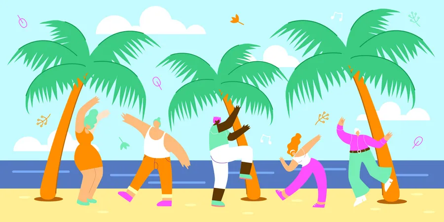 Men and Women Spend Time Together on Tropical Beach  Illustration