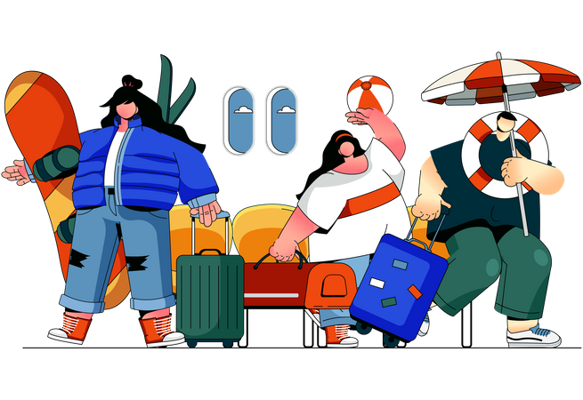 Men and Women Tourists with Luggage Illustration