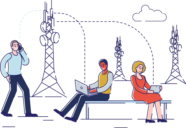 Men and Women Use High Speed Wireless 5G Internet  Illustration