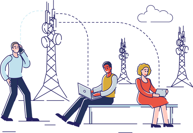 Men and Women Use High Speed Wireless 5G Internet  Illustration