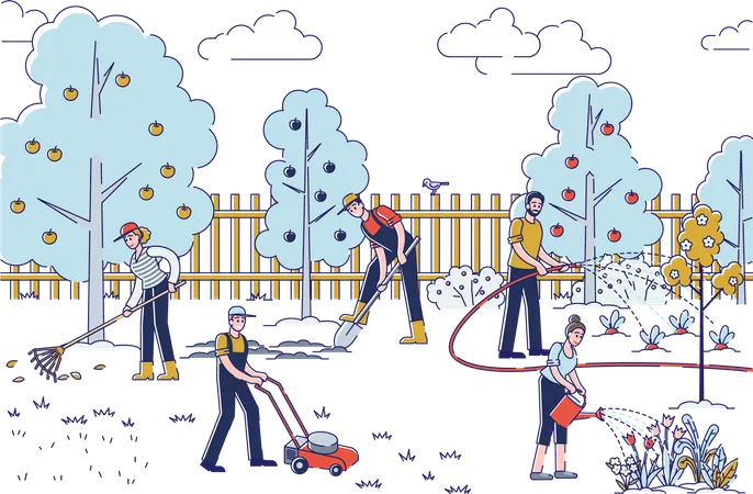 Men And Women Working on Garden  Illustration