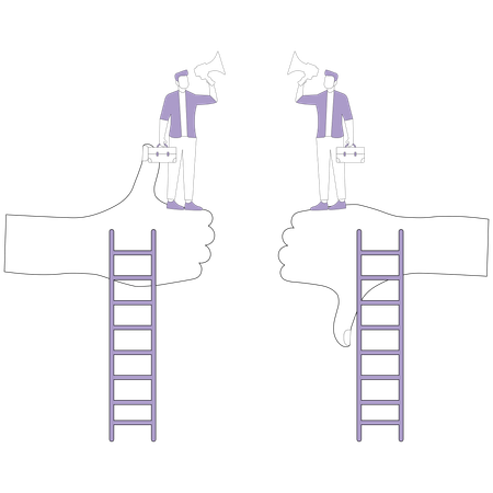 Men arguing on big hands showing like and dislike  Illustration