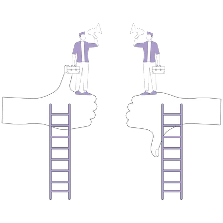 Men arguing on big hands showing like and dislike  Illustration