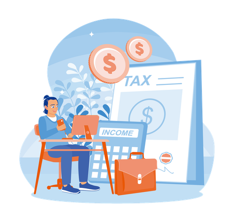 Men calculate and analyse corporate income and tax  Illustration