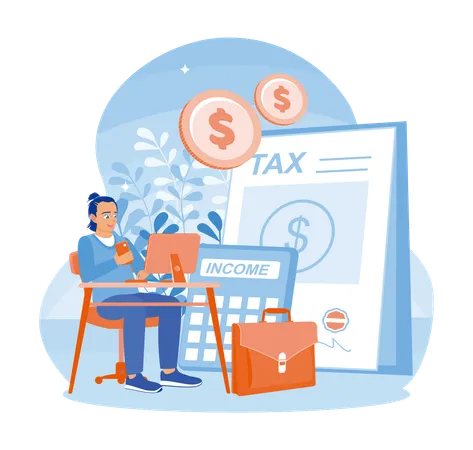 Men calculate and analyse corporate income and tax  Illustration