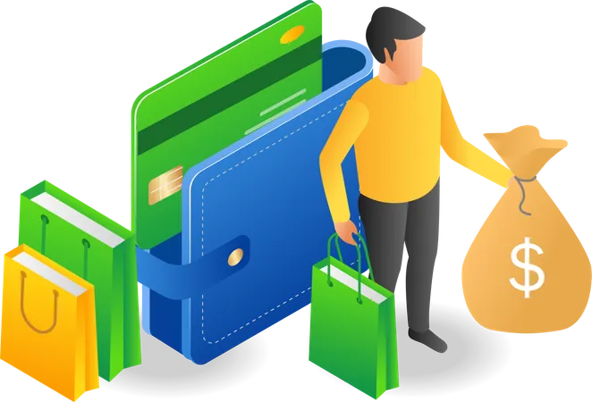 Men carrying money and shopping  Illustration
