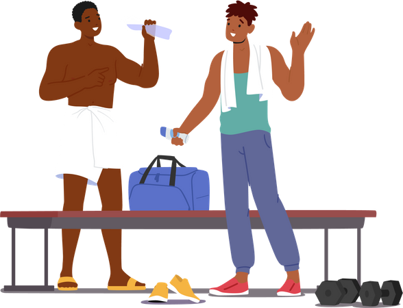 Men change clothes after workout in gym  Illustration