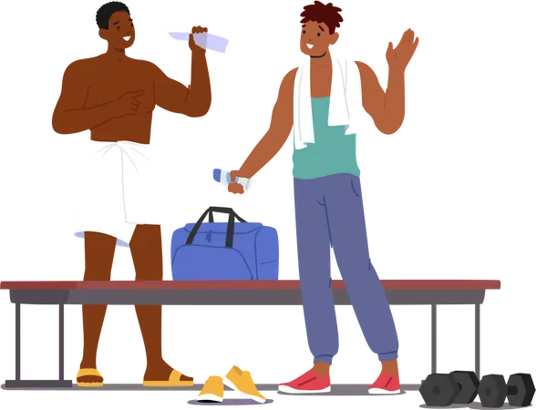 Men change clothes after workout in gym  Illustration