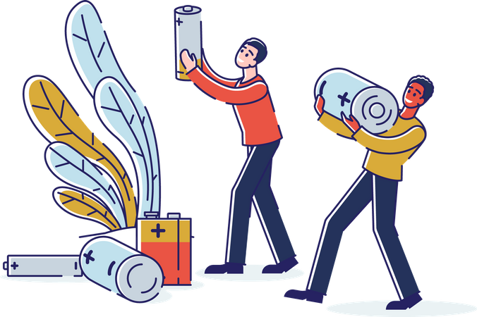 Men Collect Used Batteries and Sorting Waste Illustration
