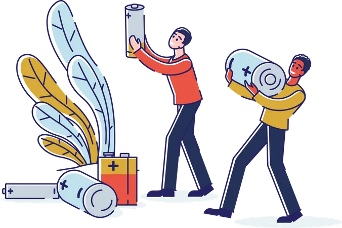 Men Collect Used Batteries and Sorting Waste  Illustration