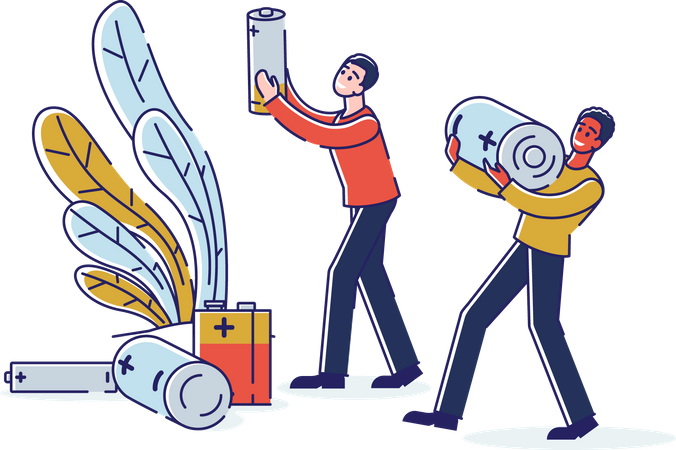 Men Collect Used Batteries and Sorting Waste  Illustration