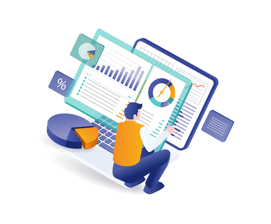 Men compile analysis data  Illustration