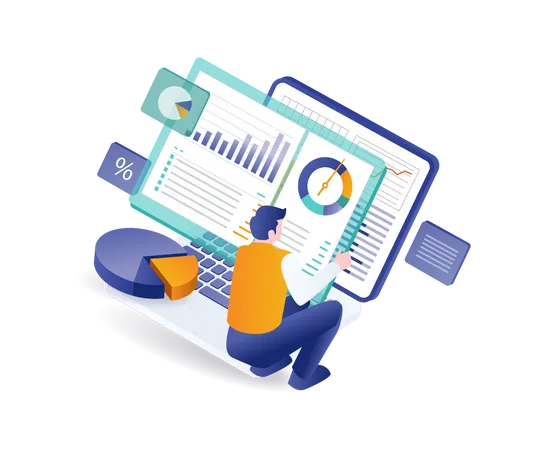 Men compile analysis data  Illustration