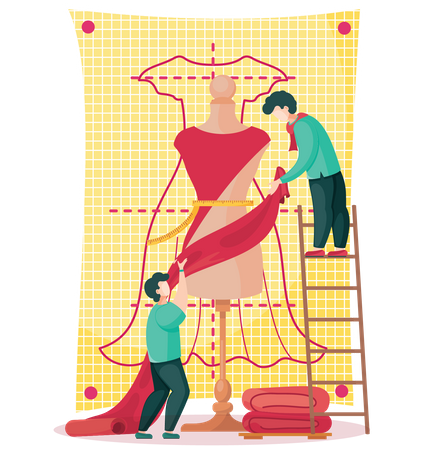 Men decorating mannequin dummy with dress  Illustration