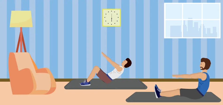 Men doing exercise together at home  Illustration