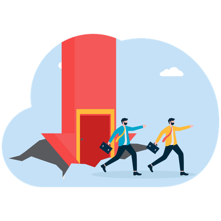 Men emerge from falling arrow carrying cardboard boxes due to layoffs  Illustration