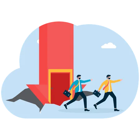 Men emerge from falling arrow carrying cardboard boxes due to layoffs  Illustration