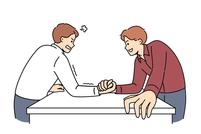 Two Men Engage In Arm Wrestling To Find Out Who Is Stronger And Prove Own Leadership In Business Team Friends Do Comic Am Wrestling Demonstrating Athletic Superiority To Opponent Illustration