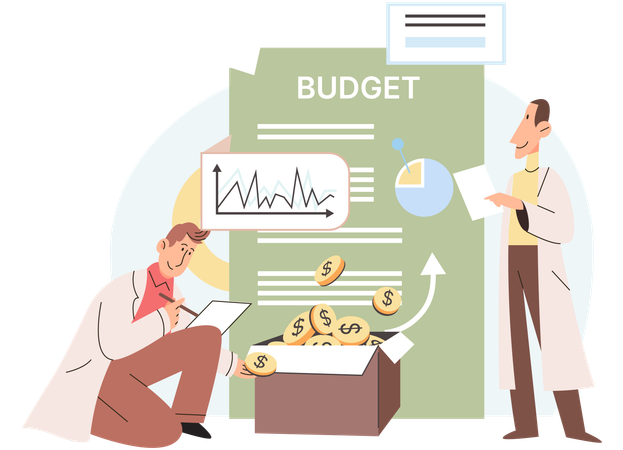 Men financial consultants analyze income and expenses of company budget  Illustration