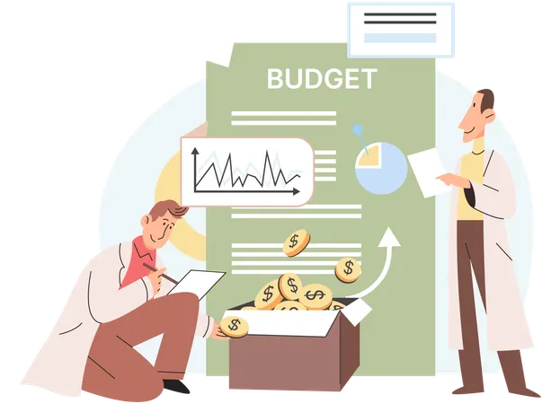 Men financial consultants analyze income and expenses of company budget  Illustration
