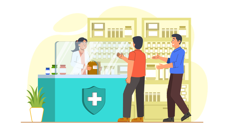 Men going to drugstore to purchase medicines  Illustration