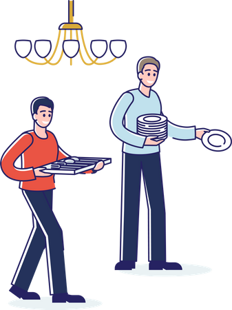 Men holding tableware service for serving table for celebration dinner  Illustration