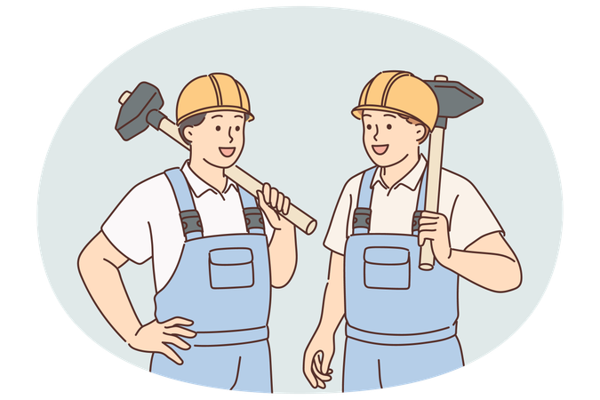 Men in builders uniforms and hardhats hold sledgehammers to demolish wall of emergency building  Illustration