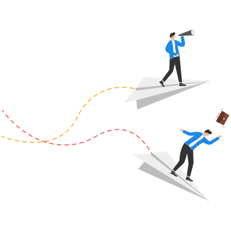 Men in business suits fly on paper airplanes, one of them flies successfully and the other falls  Illustration