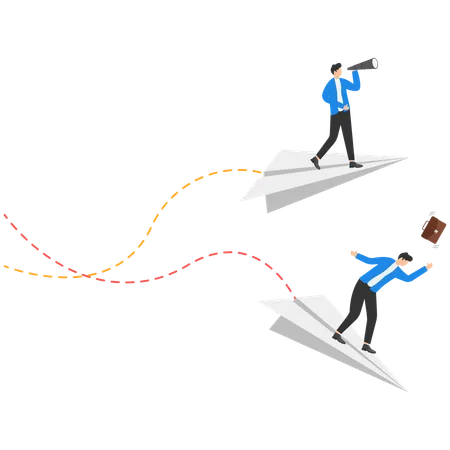 Men in business suits fly on paper airplanes, one of them flies successfully and the other falls  Illustration