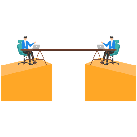 Men In Business Suits Sit At A Long Table Over A Precipice On Opposite Sides  Illustration