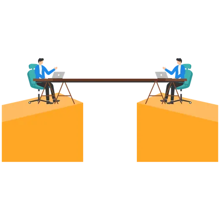 Men In Business Suits Sit At A Long Table Over A Precipice On Opposite Sides  Illustration