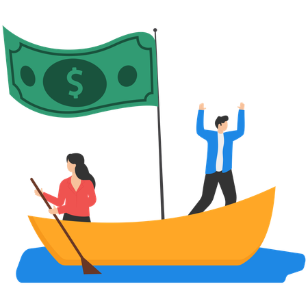 Men in business suits swim on paper boats and instead of sails money bill  Illustration