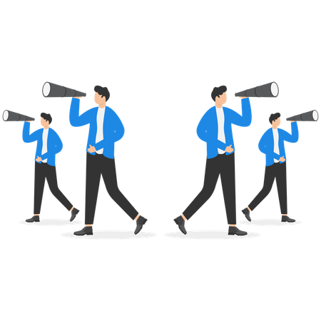 Men in business suits with telescopes look in all directions of the world  Illustration