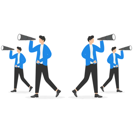 Men in business suits with telescopes look in all directions of the world  Illustration