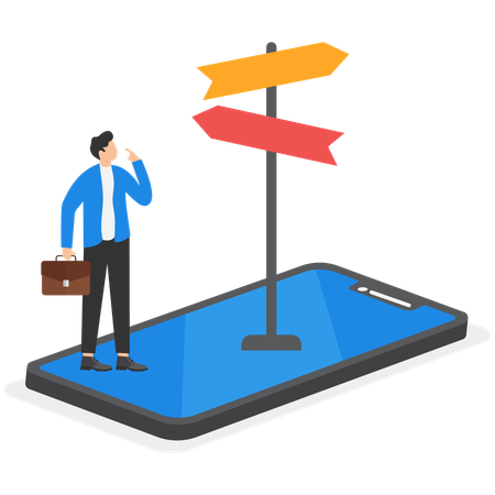 Men Is Business Suit Stands On The Smartphone Screen In Front Of The Path Indicator  Illustration