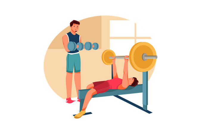 Men lifting weight using dumbbell and weight bench  Illustration