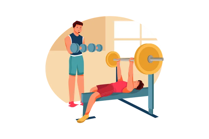 Men lifting weight using dumbbell and weight bench  Illustration