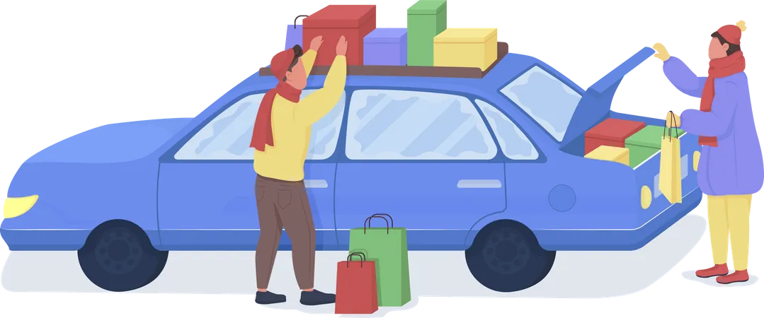 Men loading bags on car  Illustration