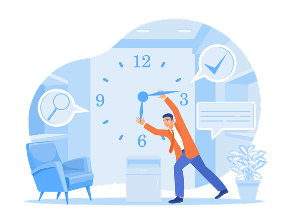 Men Manage Work Time. Business People Work Hard To Complete Work On Time. Time Management Concept. Flat Vector Illustration.  Illustration