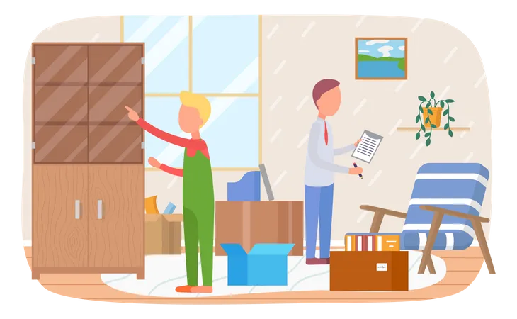 Men moving to new house working with interior  Illustration