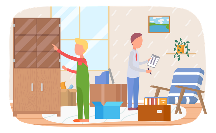 Men moving to new house working with interior  Illustration