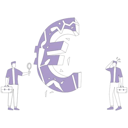 壊れたユーロ記号の近くにいる男性  イラスト