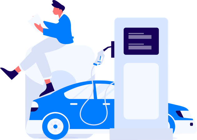 Men paying fuel bills at pump station  Illustration