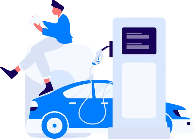 Men paying fuel bills at pump station  Illustration